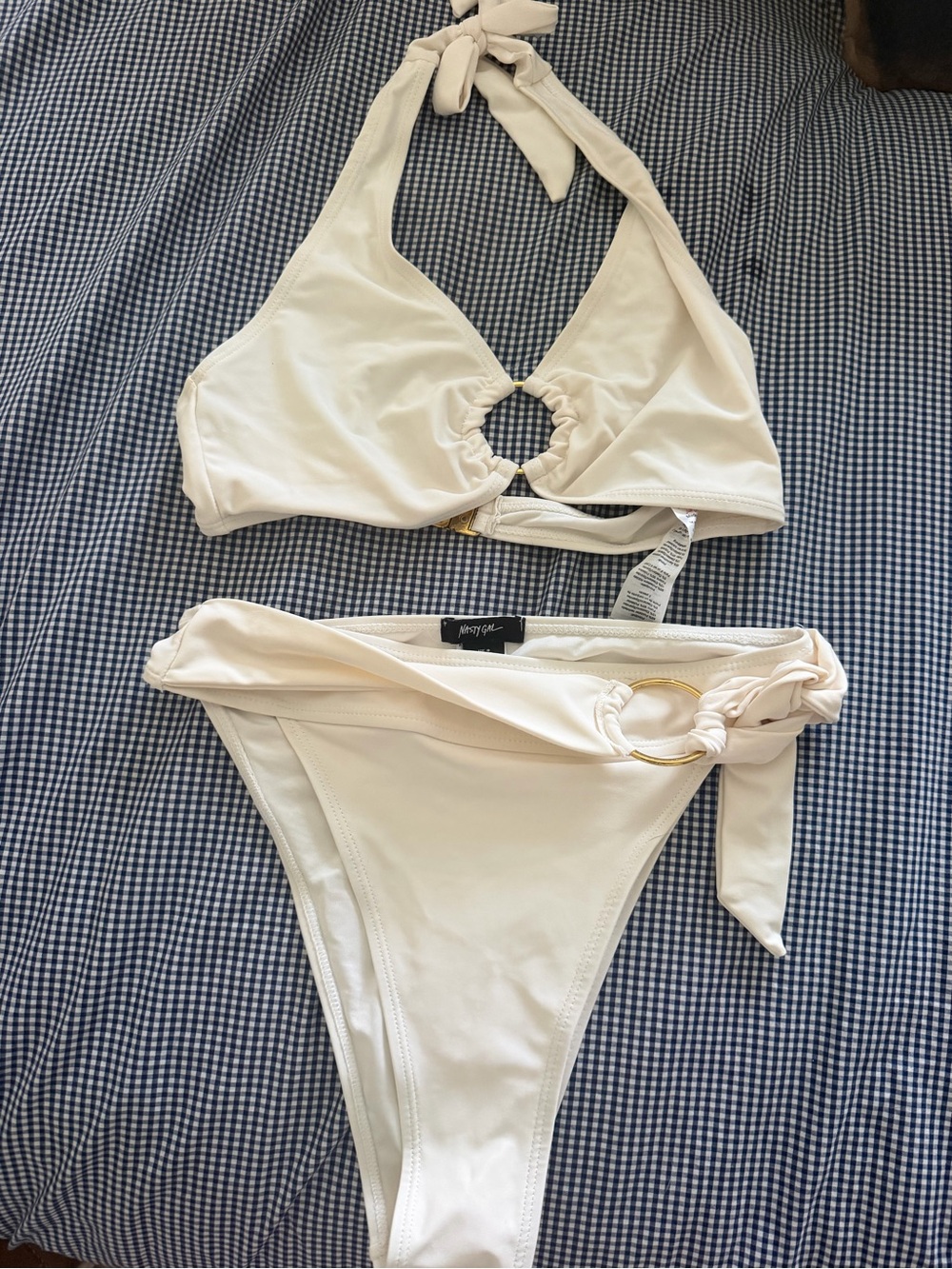 Nasty Gal Cream Halter Ring-Detail Bikini Set